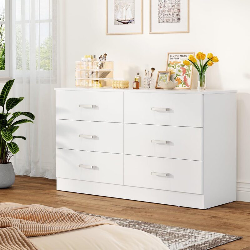Winkalon 6 Drawer White Double Dresser, Wood Storage Cabinet with Easy Pull Out Handles for Living Room,Chest of Drawers for Bedroom - Image 3