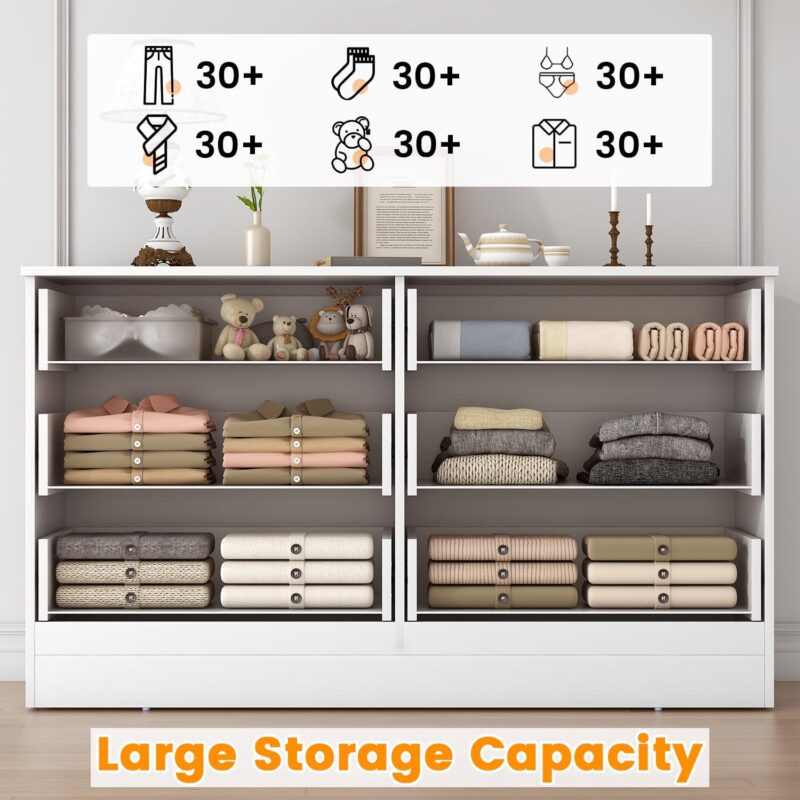Winkalon 6 Drawer White Double Dresser, Wood Storage Cabinet with Easy Pull Out Handles for Living Room,Chest of Drawers for Bedroom - Image 8