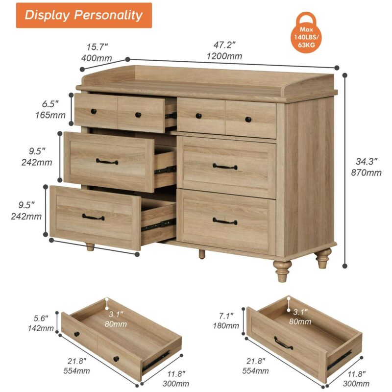 Wood Kids Dresser with 6 Drawers, Nursery Dresser Chest of Drawers, Mid-Century Dresser for Bedroom, Oak - Image 3