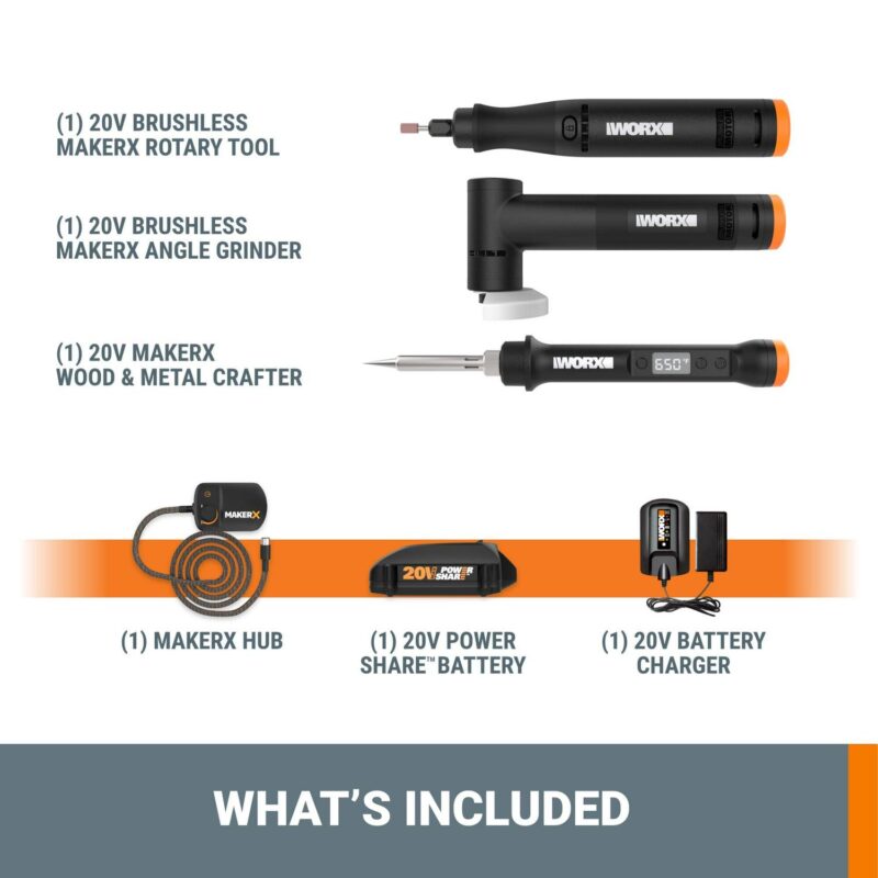 Worx MakerX WX991L 3pc Crafting Tool Combo Kit - Rotary Tool + Angle Grinder + Wood and Metal Crafter - Image 9