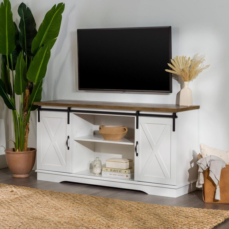 Woven Paths Farmhouse Sliding Barn Door TV Stand for TVs up to 65 , White/Reclaimed Barnwood - Image 2
