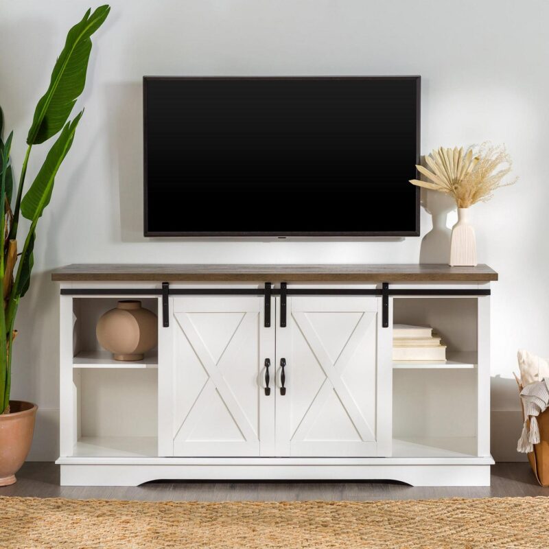 Woven Paths Farmhouse Sliding Barn Door TV Stand for TVs up to 65 , White/Reclaimed Barnwood - Image 8