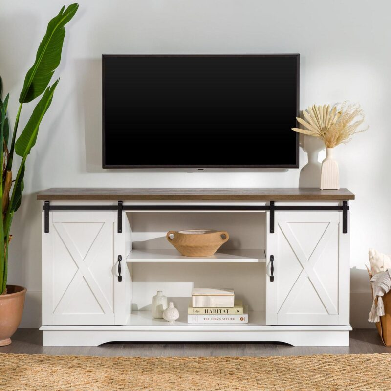 Woven Paths Farmhouse Sliding Barn Door TV Stand for TVs up to 65 , White/Reclaimed Barnwood - Image 13