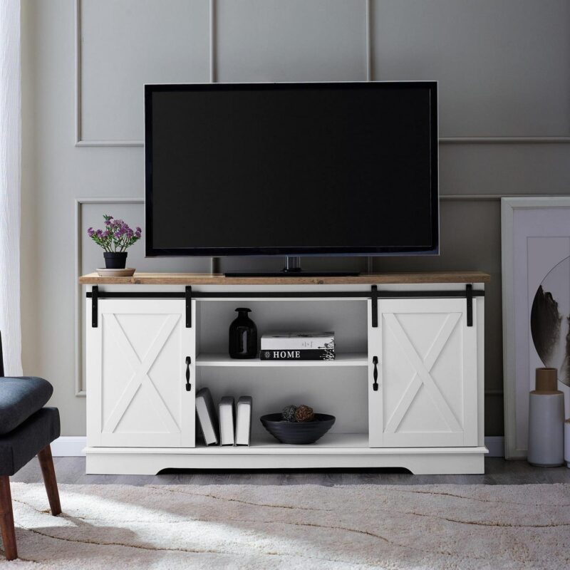 Woven Paths Farmhouse Sliding Barn Door TV Stand for TVs up to 65 , White/Reclaimed Barnwood