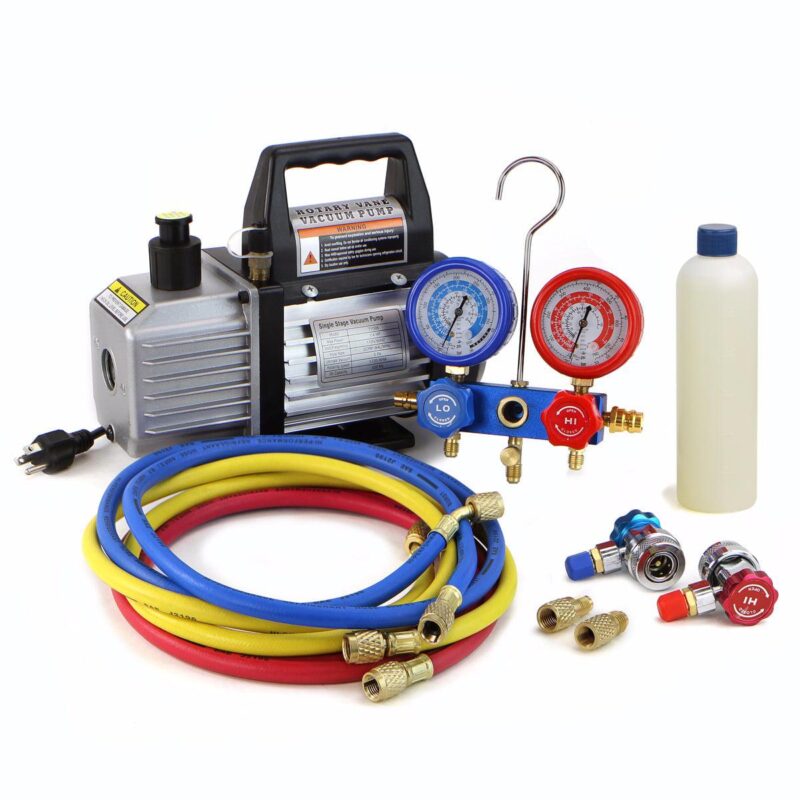 XtremepowerUS 3CFM Vacuum Pump HVAC Refrigeration AC Manifold Gauge r134 r12 Leak Detector with Carrying Tote - Image 2