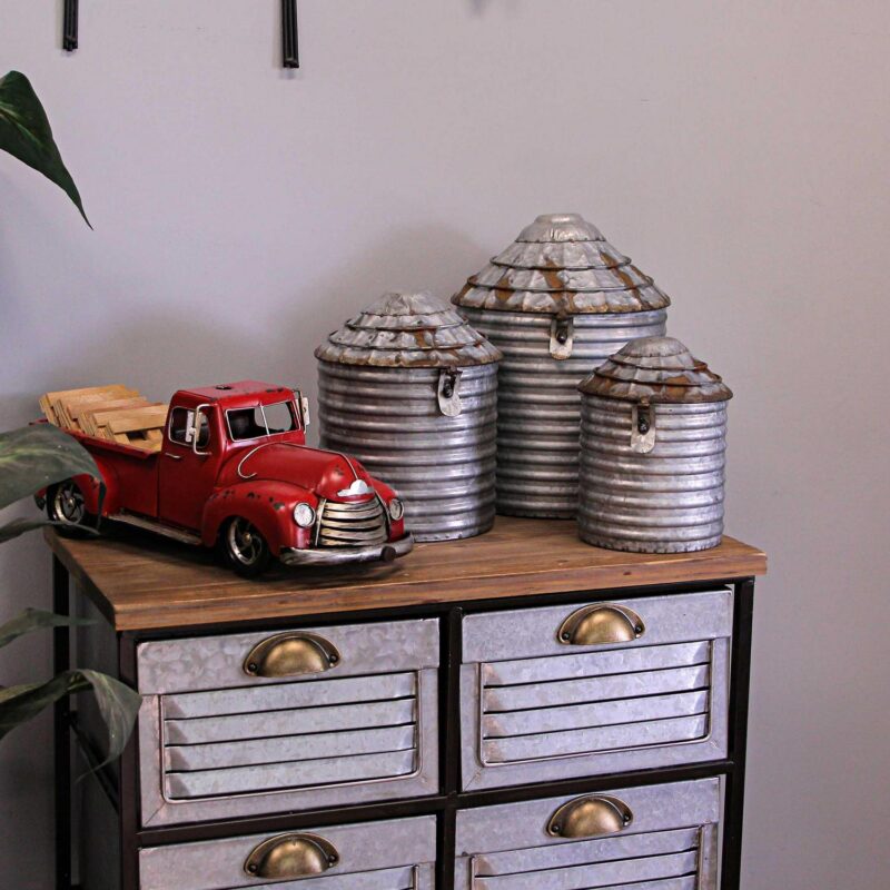 Zeckos Silver Galvanized Metal Farmhouse Style Silo Canister Set of 3 - Image 4