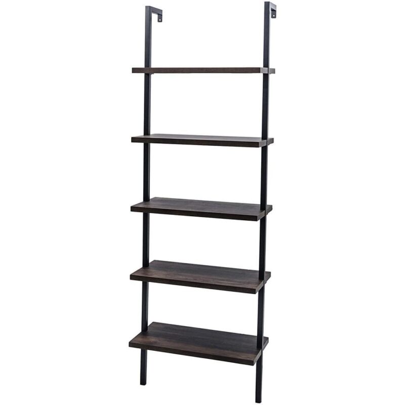 Zimtown 5-Shelf Wood Bookcase and Bookshelf, Wall Mounted Learning Ladder Display Rack, Black Finish - Image 9