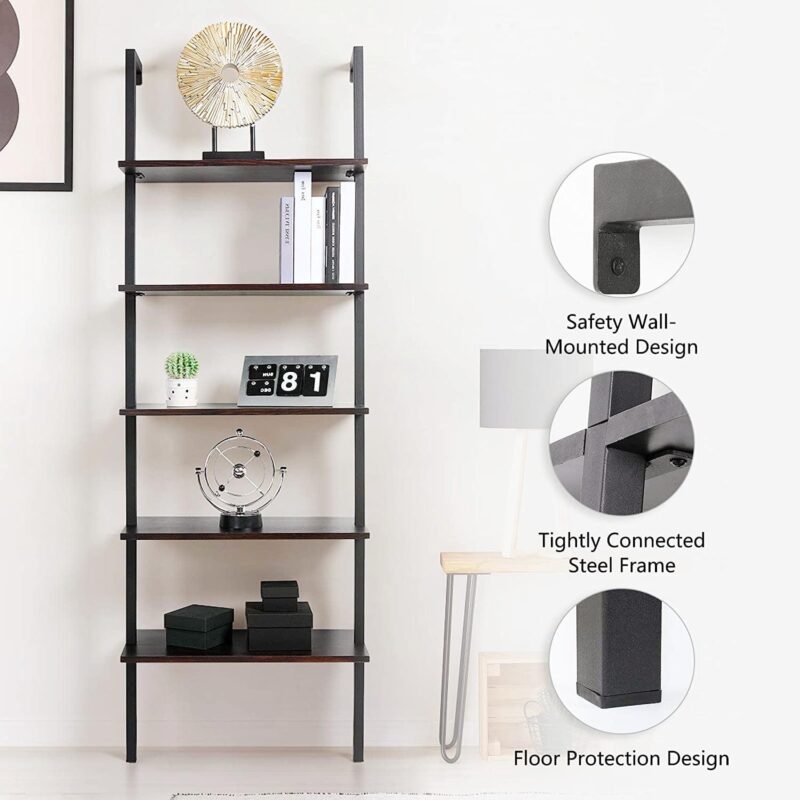 Zimtown 5-Shelf Wood Bookcase and Bookshelf, Wall Mounted Learning Ladder Display Rack, Black Finish - Image 6
