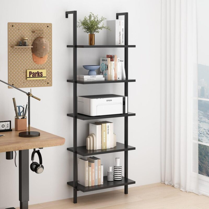 Zimtown 5-Shelf Wood Bookcase and Bookshelf, Wall Mounted Learning Ladder Display Rack, Black Finish - Image 3