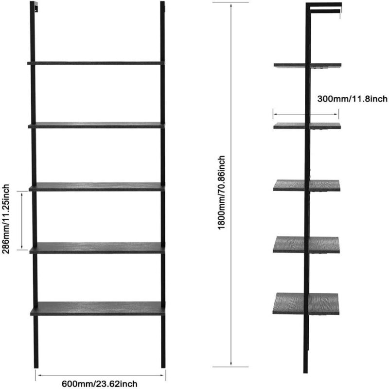 Zimtown 5-Shelf Wood Bookcase and Bookshelf, Wall Mounted Learning Ladder Display Rack, Black Finish - Image 4