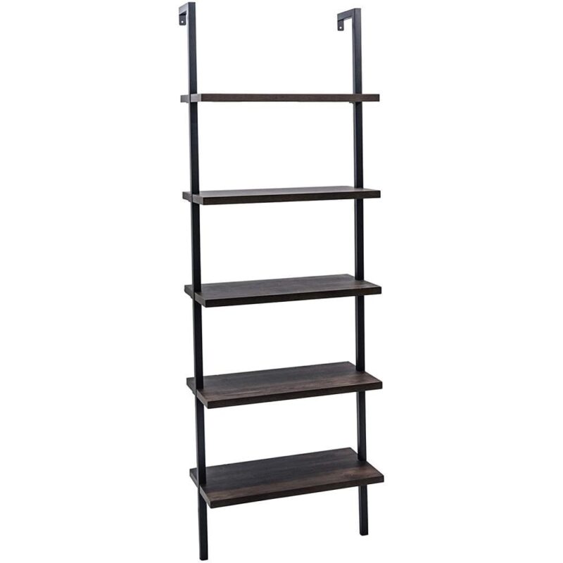 Zimtown 5-Shelf Wood Bookcase and Bookshelf, Wall Mounted Learning Ladder Display Rack, Black Finish - Image 8