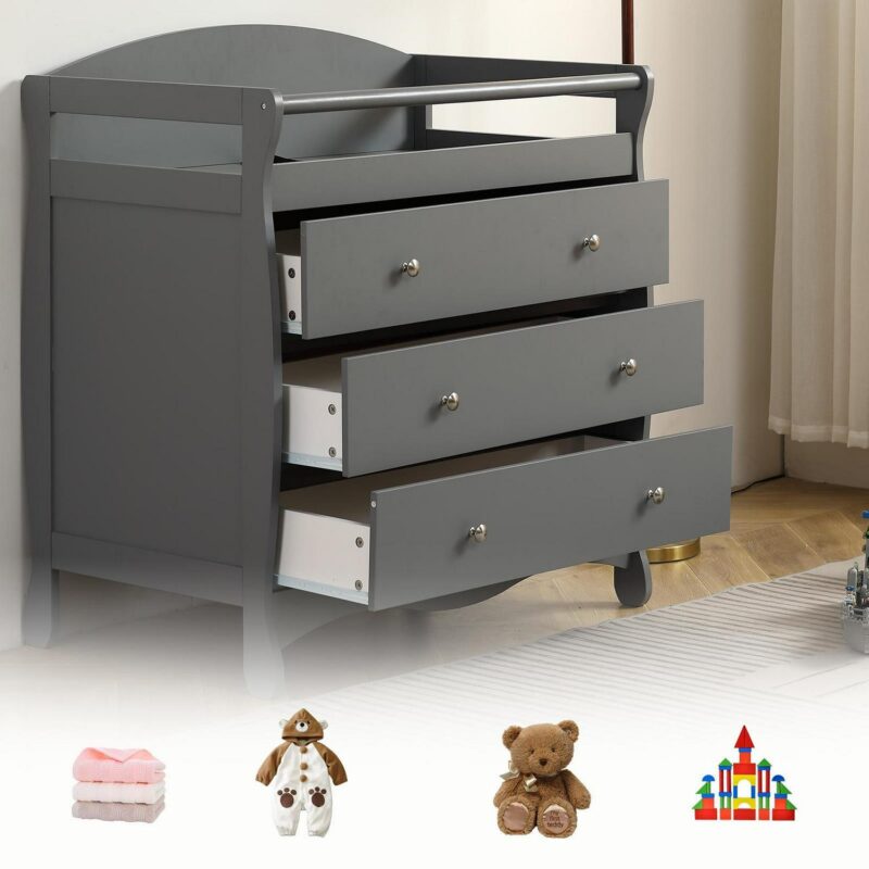 Zimtown Infant Changing Dresser, 3 Drawers Changing Table Dresser, Diaper Changing Station, Gray - Image 3