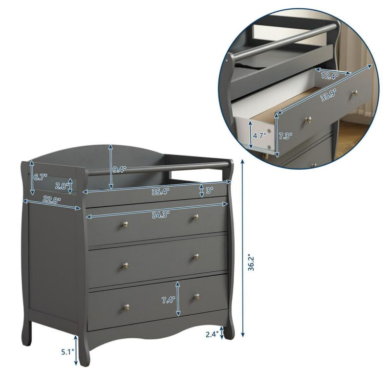 Zimtown Infant Changing Dresser, 3 Drawers Changing Table Dresser, Diaper Changing Station, Gray - Image 7