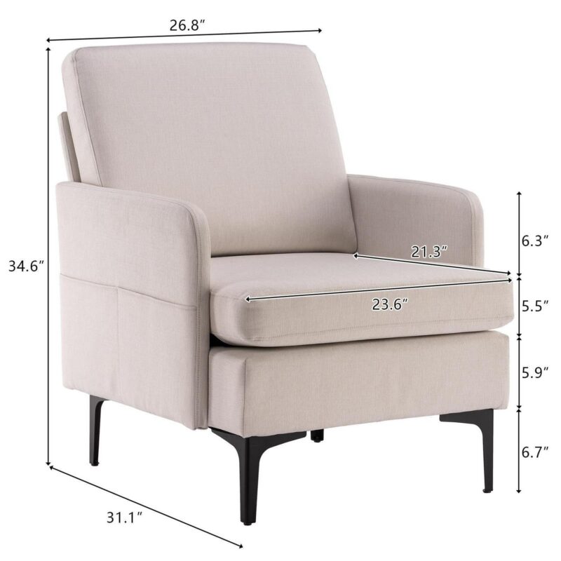Zimtown Linen Fabric Accent Chairs, Mid Century Modern Armchair, Upholstered Comfy Single Sofa for Living Room, Bedroom Beige - Image 2