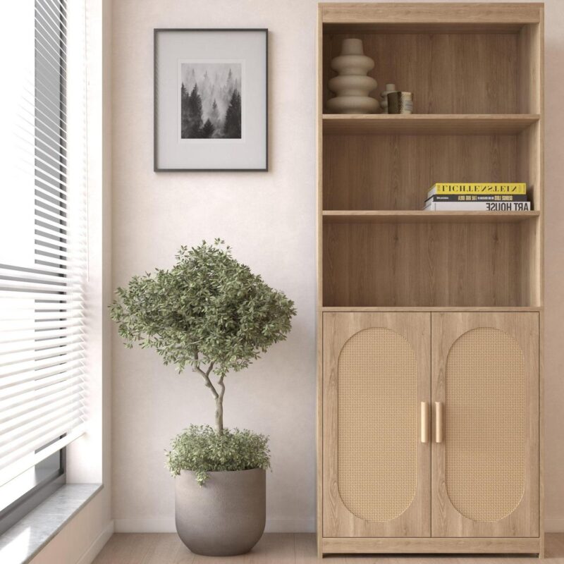 Zimtown Rattan 5-Shelf Bookcase with Doors, 3 Tier Open Bookshelf with Storage Cabinet, Home Decor Furniture for Home Office, Living Room, Bedroom - Image 3