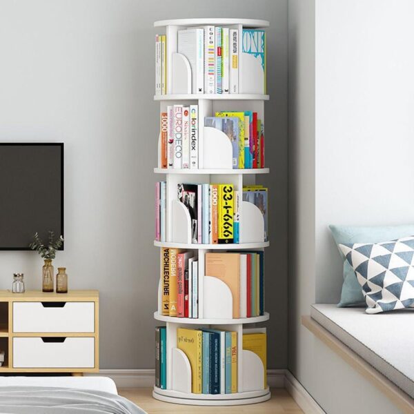 bimiti 5 Tier Rotating Bookshelf, 360A Revolving Bookcase 20 Shelves Floor-Standing Storage Display Rack - White 63 x18 x18