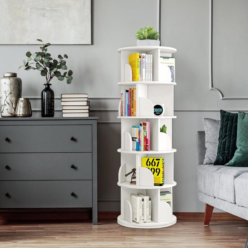 bimiti 5 Tier Rotating Bookshelf, 360A Revolving Bookcase 20 Shelves Floor-Standing Storage Display Rack - White 63 x18 x18 - Image 9