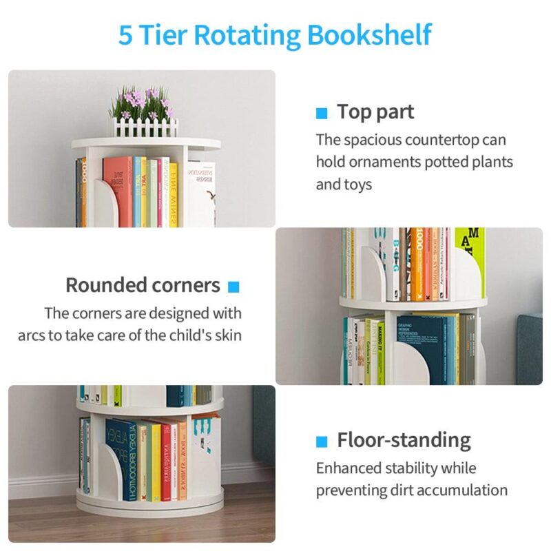 bimiti 5 Tier Rotating Bookshelf, 360A Revolving Bookcase 20 Shelves Floor-Standing Storage Display Rack - White 63 x18 x18 - Image 7