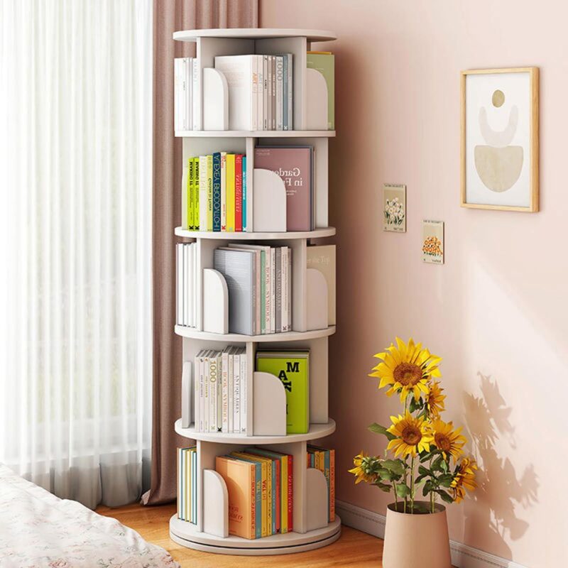 bimiti 5 Tier Rotating Bookshelf, 360A Revolving Bookcase 20 Shelves Floor-Standing Storage Display Rack - White 63 x18 x18 - Image 8