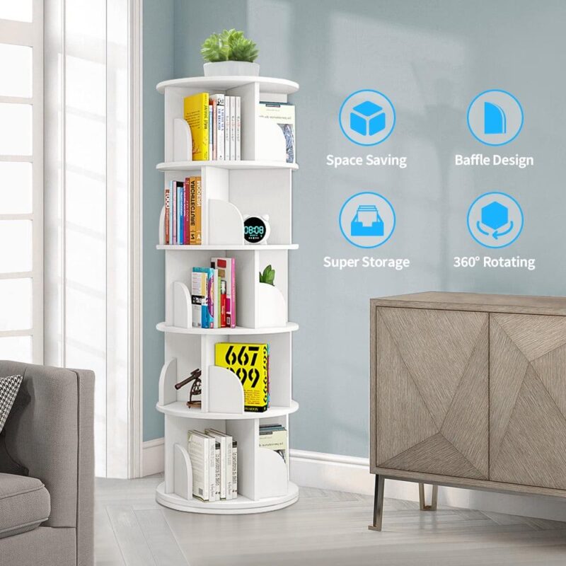 bimiti 5 Tier Rotating Bookshelf, 360A Revolving Bookcase 20 Shelves Floor-Standing Storage Display Rack - White 63 x18 x18 - Image 3