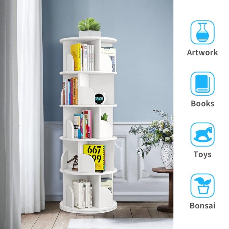 bimiti 5 Tier Rotating Bookshelf, 360A Revolving Bookcase 20 Shelves Floor-Standing Storage Display Rack - White 63 x18 x18 - Image 5