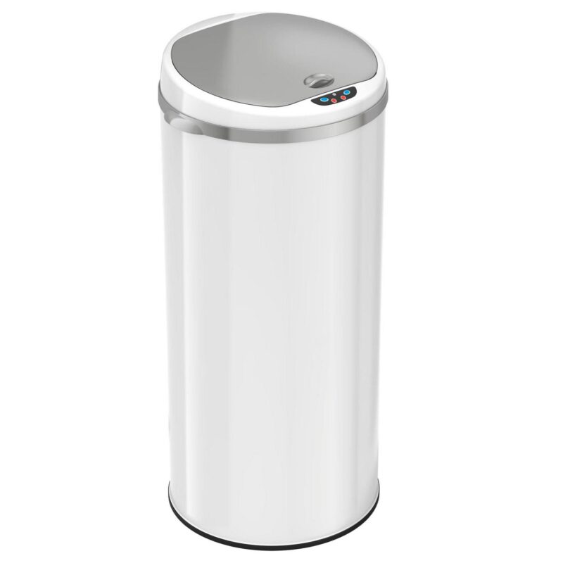 iTouchless Round Sensor Trash Can, with Deodorizing Feature, 13 Gallon, Pearl White, Stainless Steel