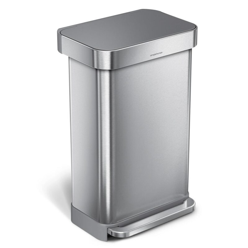 simplehuman 45 Liter Rectangular Hands-Free Kitchen Step Trash Can with Soft-Close Lid, Brushed Stainless Steel with Plastic Lid