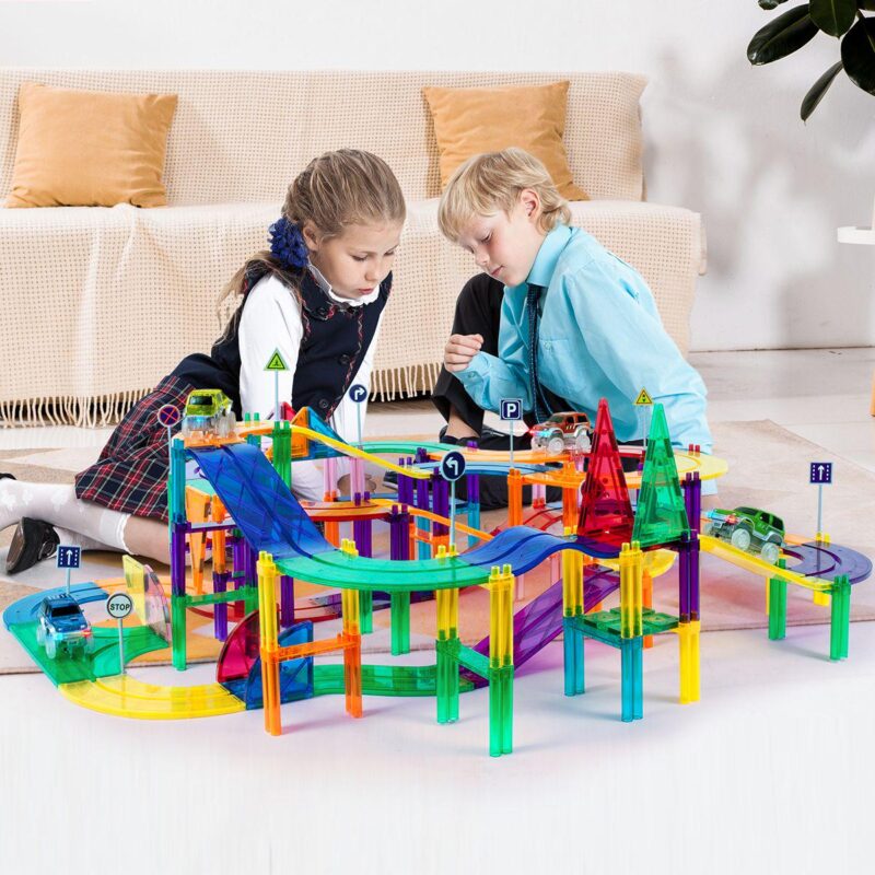150 Piece Magnetic Race Car Track with Light Up Vehicles - Image 2