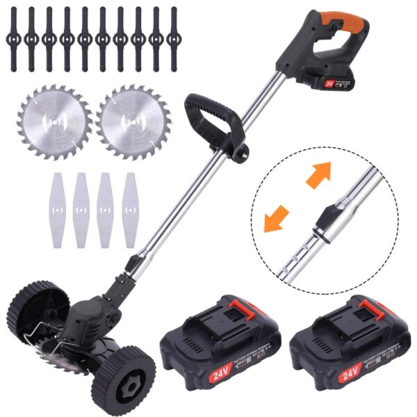 24V Electric Weed Eater Lawn Edger Cordless Grass String Trimmer Cutter with Wheels and 2 Batteries