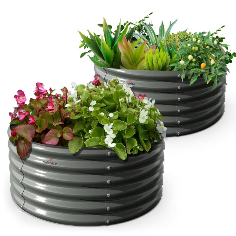 2 Pack-4Ft Round Galvanized Raised Garden Bed, 18a Tall Above Ground Modular Metal Planter Boxes Outdoor For Vegetables Flowers Herbs, Anti-Rust and Easy-Setup Quartz Grey