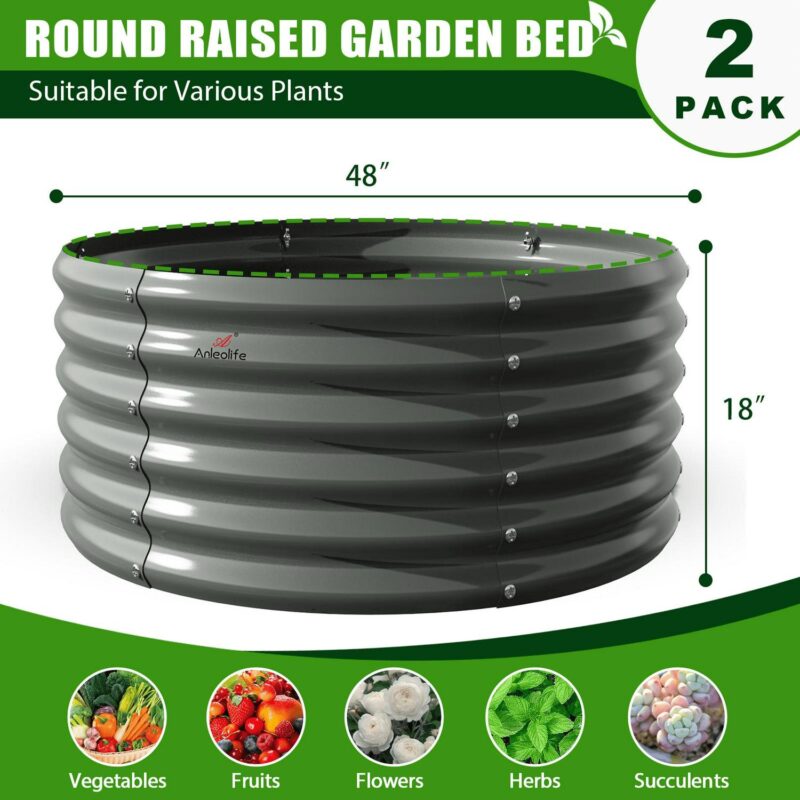2 Pack-4Ft Round Galvanized Raised Garden Bed, 18a Tall Above Ground Modular Metal Planter Boxes Outdoor For Vegetables Flowers Herbs, Anti-Rust and Easy-Setup Quartz Grey - Image 5