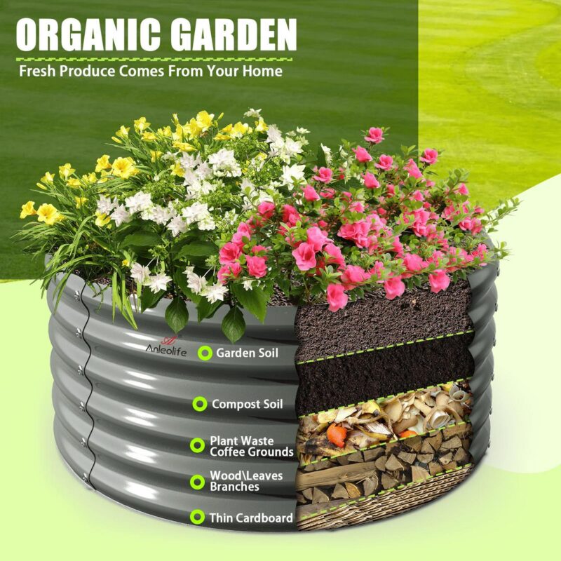 2 Pack-4Ft Round Galvanized Raised Garden Bed, 18a Tall Above Ground Modular Metal Planter Boxes Outdoor For Vegetables Flowers Herbs, Anti-Rust and Easy-Setup Quartz Grey - Image 4