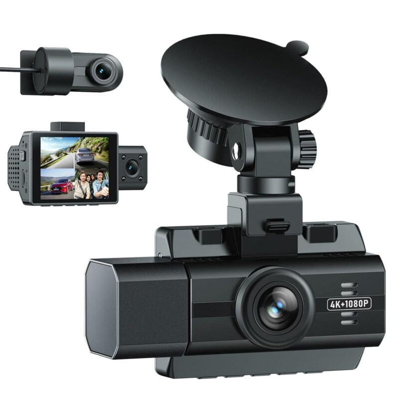3 Channel 4K Dash Cam Front and Rear Inside, 4K+1080P Dash Camera Front and Inside, Triple Car Camera 2K+1080P+1080P with IR Night Vision, WDR, 170A Wide Angle, Parking Monitor