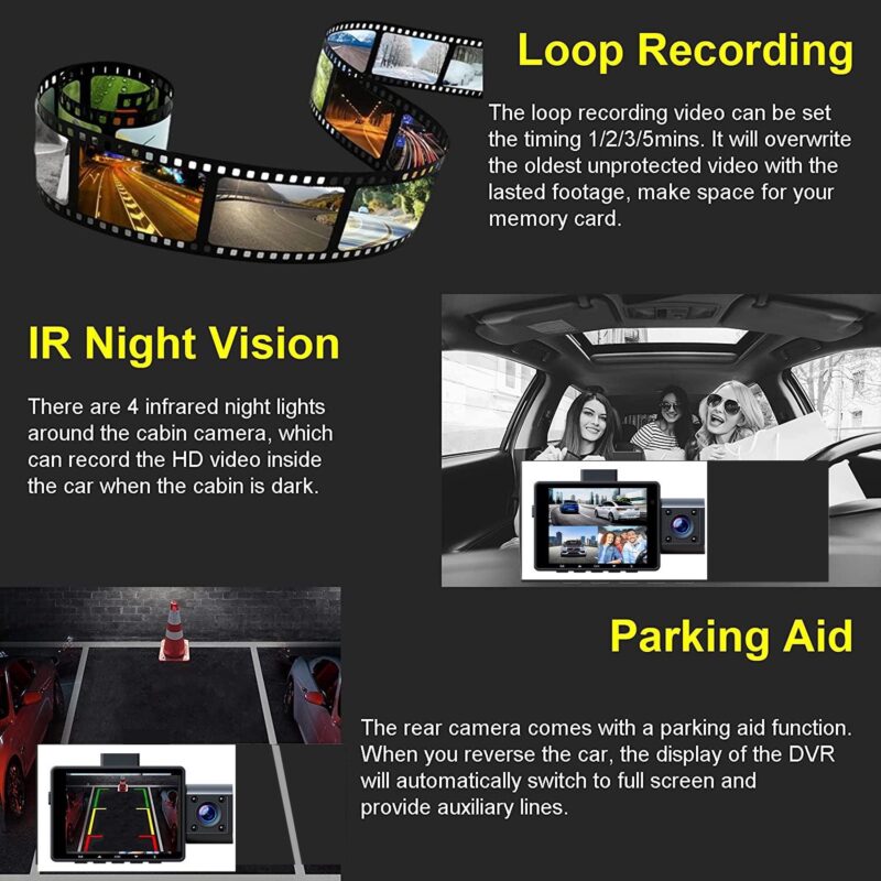 3 Channel 4K Dash Cam Front and Rear Inside, 4K+1080P Dash Camera Front and Inside, Triple Car Camera 2K+1080P+1080P with IR Night Vision, WDR, 170A Wide Angle, Parking Monitor - Image 3