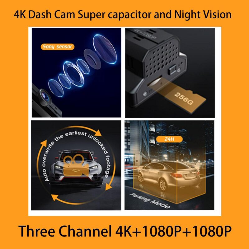 3 Channel 4K Dash Cam Front and Rear Inside, 4K+1080P Dash Camera Front and Inside, Triple Car Camera 2K+1080P+1080P with IR Night Vision, WDR, 170A Wide Angle, Parking Monitor - Image 4
