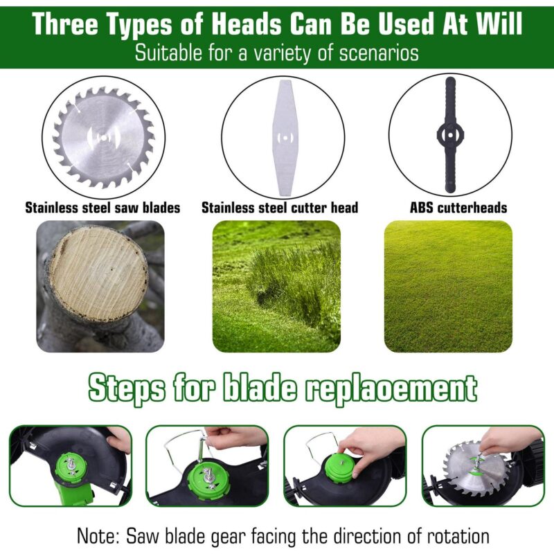 3-in-1 Lightweight String Trimmer Edger Lawn with Adjustable Length Pole, 2 Batteries and 3 Types Blades for Garden and Yard - Image 7