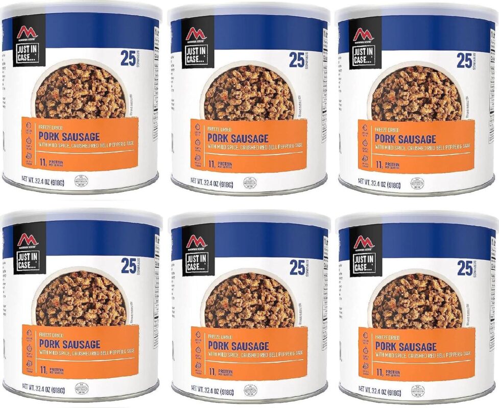 (6 Cans Pack) Mountain House Fully Cooked Pork Sausage with Mild Spice a Freeze Dried Survival Camping Food #10/ 25 Servings/ Can a