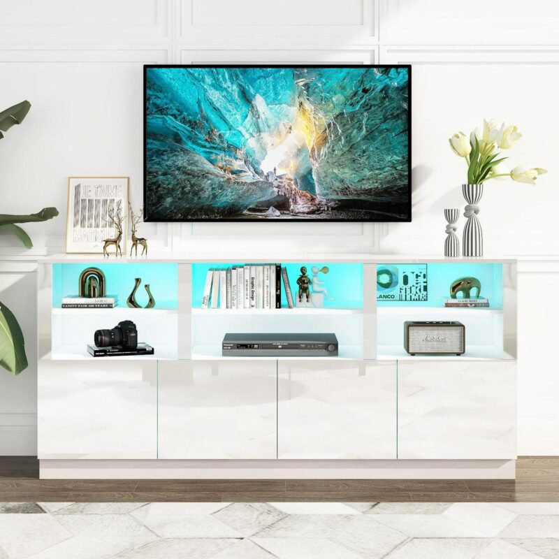 70  LED TV Stand for up to 80  TVs, 32  Tall Modern Entertainment Center with 4-Doors Cabinet and 6 Shelves to Storage, High Gloss Media Console Table - Image 6