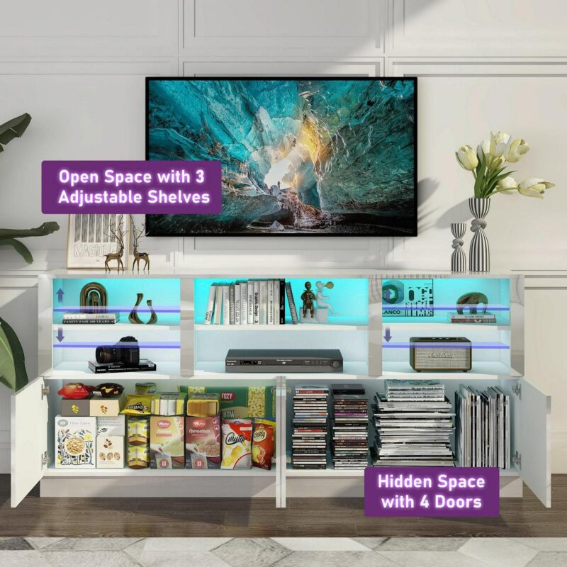 70  LED TV Stand for up to 80  TVs, 32  Tall Modern Entertainment Center with 4-Doors Cabinet and 6 Shelves to Storage, High Gloss Media Console Table - Image 2
