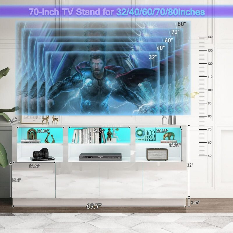 70  LED TV Stand for up to 80  TVs, 32  Tall Modern Entertainment Center with 4-Doors Cabinet and 6 Shelves to Storage, High Gloss Media Console Table - Image 4