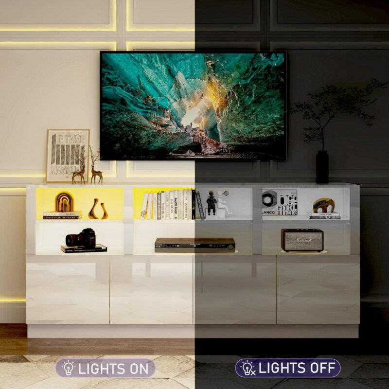 70  LED TV Stand for up to 80  TVs, 32  Tall Modern Entertainment Center with 4-Doors Cabinet and 6 Shelves to Storage, High Gloss Media Console Table - Image 7