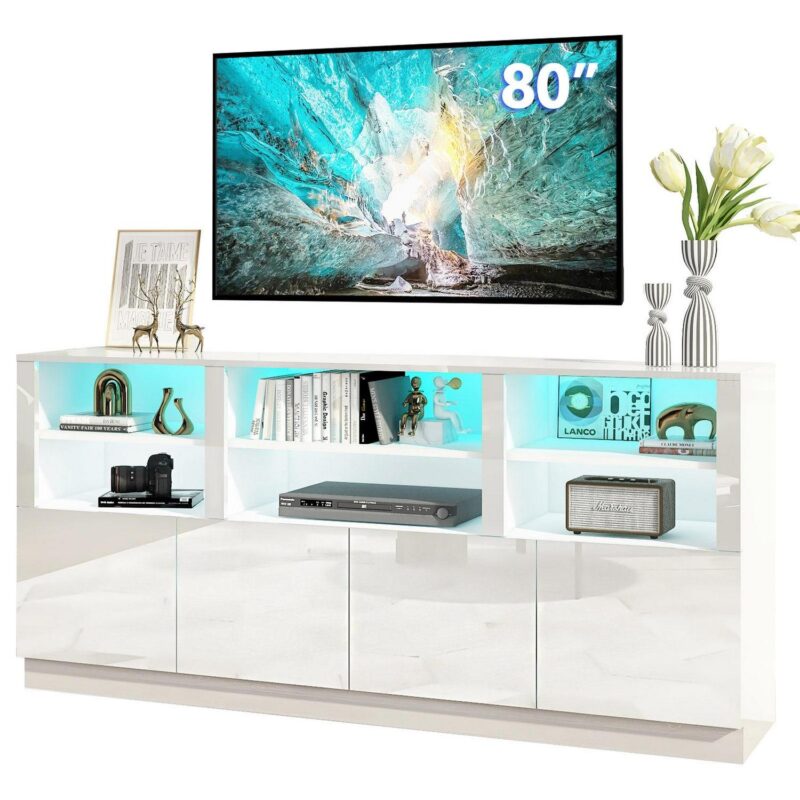 70  LED TV Stand for up to 80  TVs, 32  Tall Modern Entertainment Center with 4-Doors Cabinet and 6 Shelves to Storage, High Gloss Media Console Table