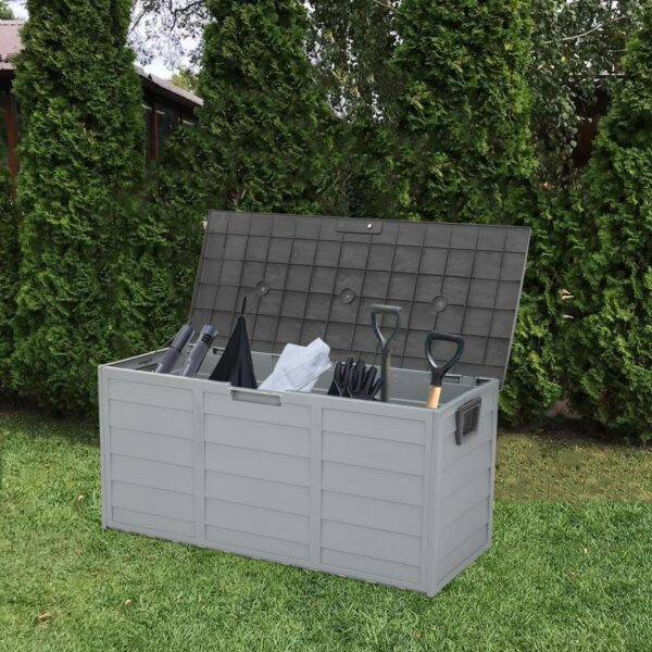 75 Gallon Resin Deck Box, Storage Chest on Wheels, Backyard Waterproof Storage Cabinet for Patio Furniture Cushions, Garden Tools, Kids' Toys, Gray, D7233