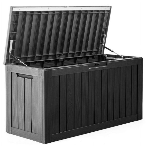 80 Gallon Black Resin Wood Look Outdoor Storage Deck Box with Lockable Lid