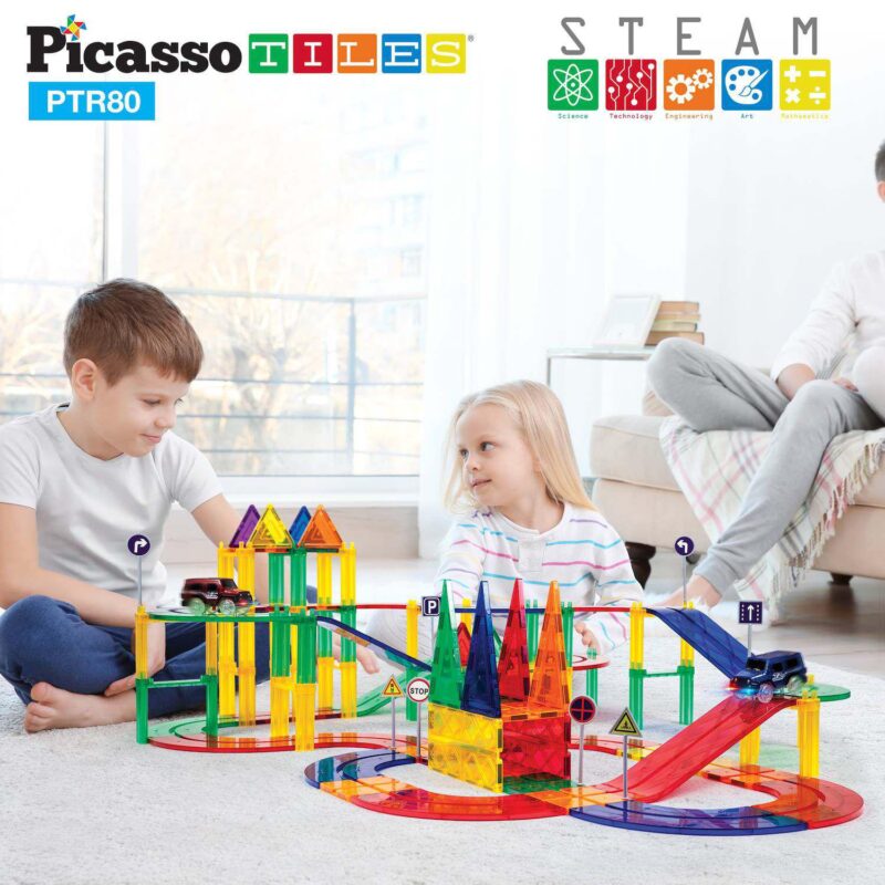 80 Piece Race Car Track Magnetic Building Block Tile Set - Image 2