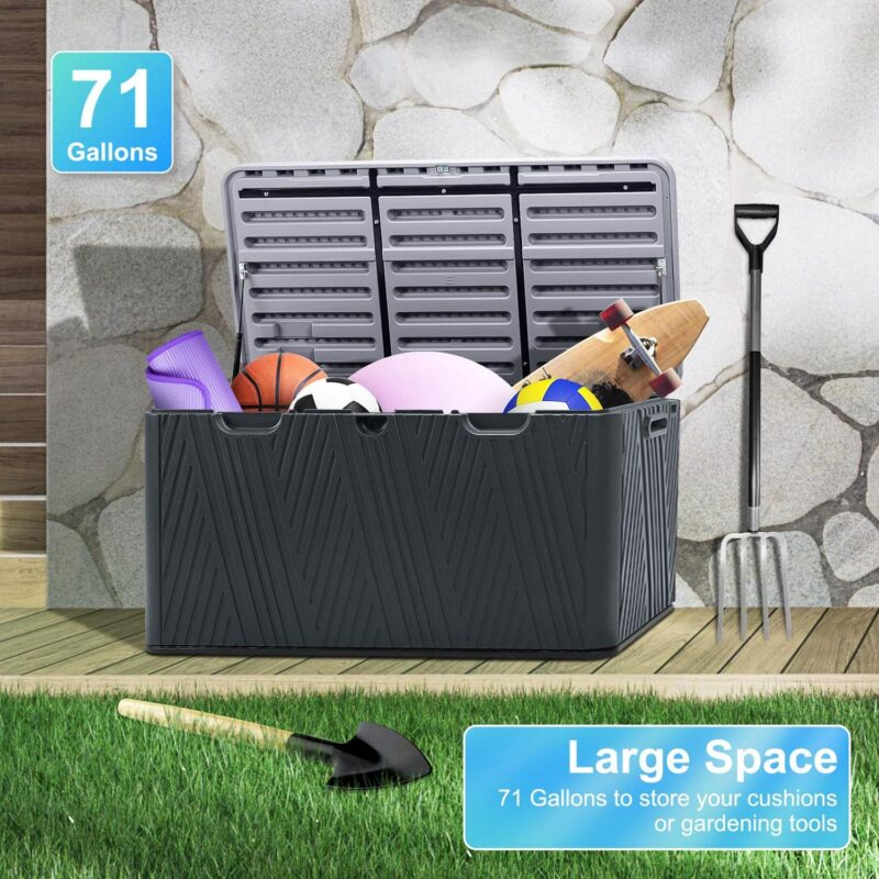 Aoodor 71 Gallon Deck Box, Lockable Storage UV Resistant Container with Hydraulic Rods for Patio Furniture Outdoor Cushions, Garden Tools and Sports Equipments, Black - Image 3