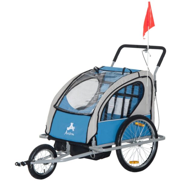 Aosom Elite 2 In 1 Three Wheel Bicycle Cargo Trailer and Jogger for Two Children with 2 Security Harnesses and Storage Blue