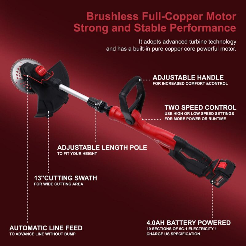 BAOKALER Cordless Brussless Weed Eaters with 4.0Ah 10C Battery, 18000RPM Grass String Trimmer for Wood Cutting Grass Cutting - Image 3