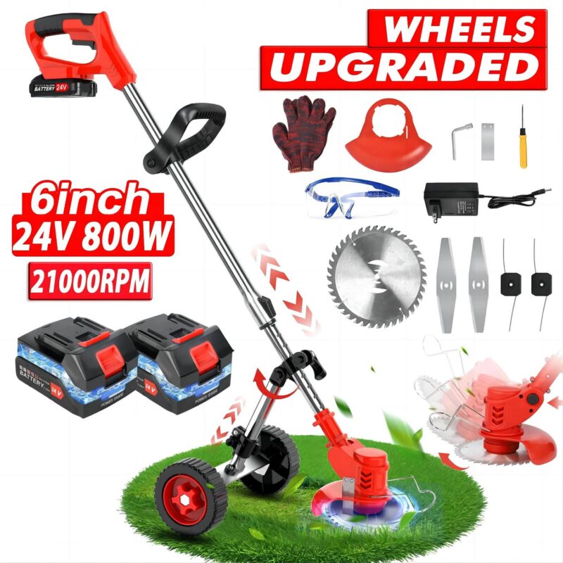 BAOKALER Electric Weed Eater, Cordless Grass String Trimmer with Upgraded Stand Wheels, 3 IN 1 Weed Trimmer, 5C 2Battery+Charger, Red