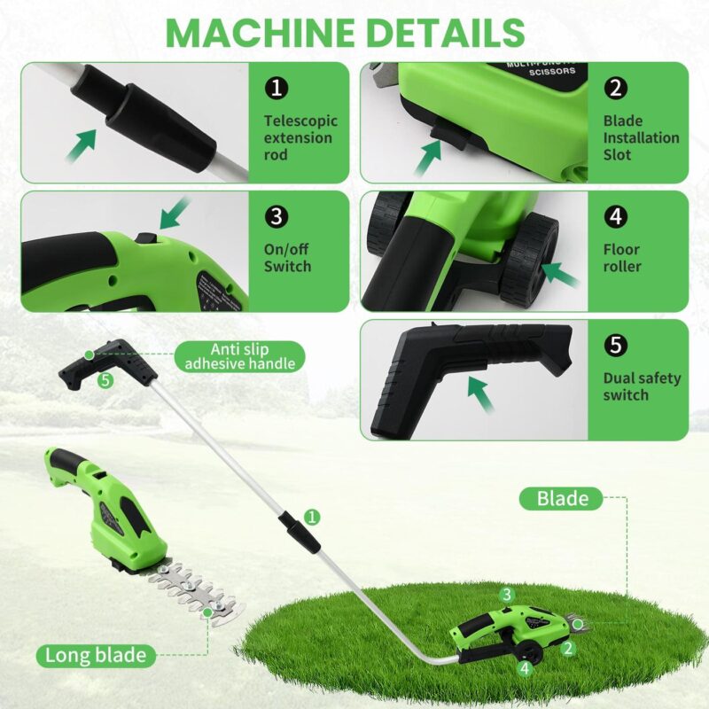 BAOKALER Outdoor Power Tools 7.2-Volt Lithium-Ion Cordless Grass Shear/Shrub Trimmer with Wheeled Extension Handle, 2 in 1 Hedge Trimmer with 2000mAh Rechargeable Lithium-Ion Battery, Green - Image 8